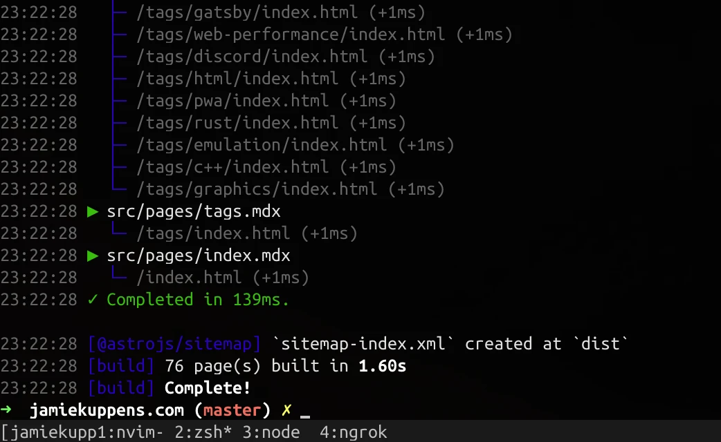 A terminal's output showing that 76 pages were built in 1.60 seconds.