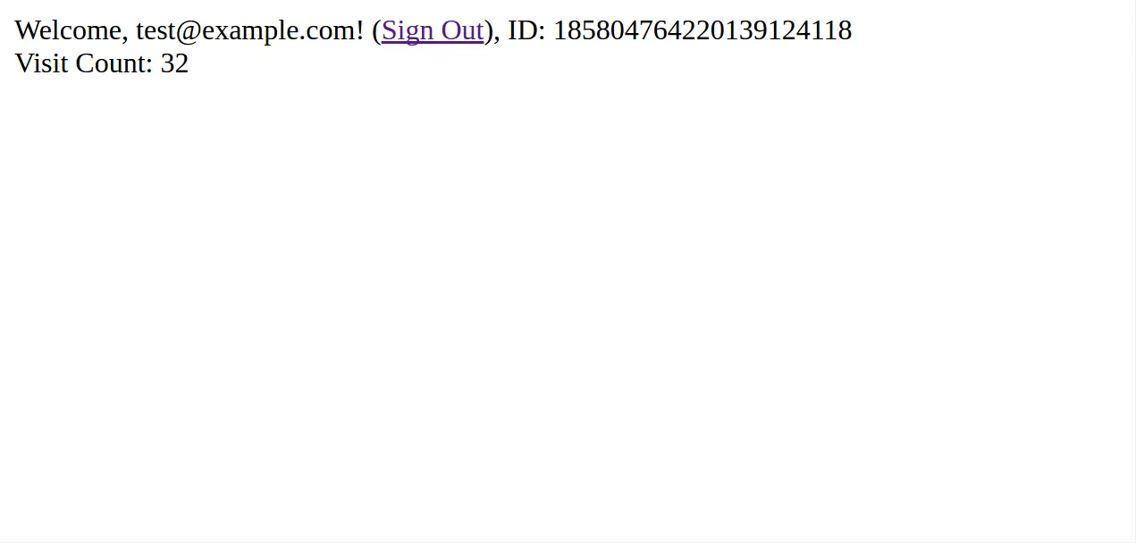 A webpage that displays: "Welcome, test@example.com! (Sign Out), ID: 185804764220139124118, Visit Count: 32"