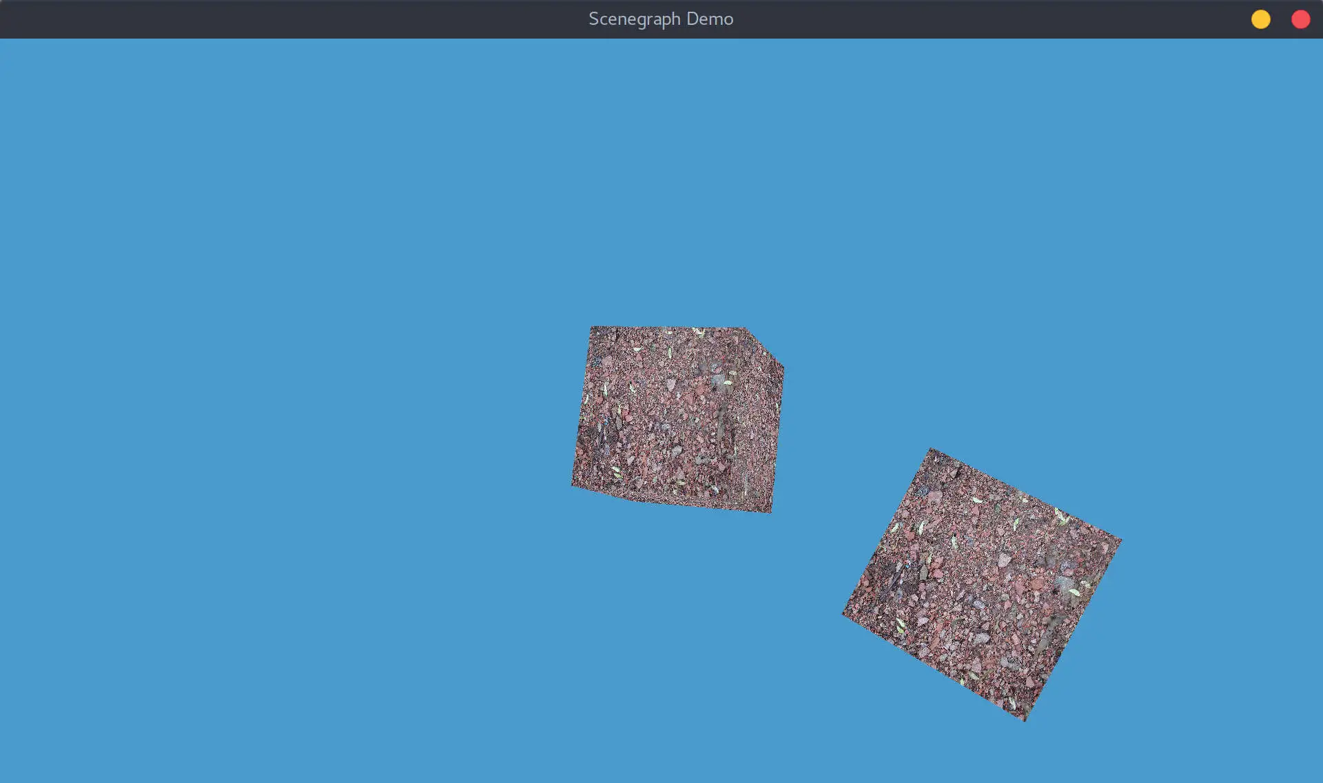 A screenshot of a program rendering two dirt cubes on a blue background.